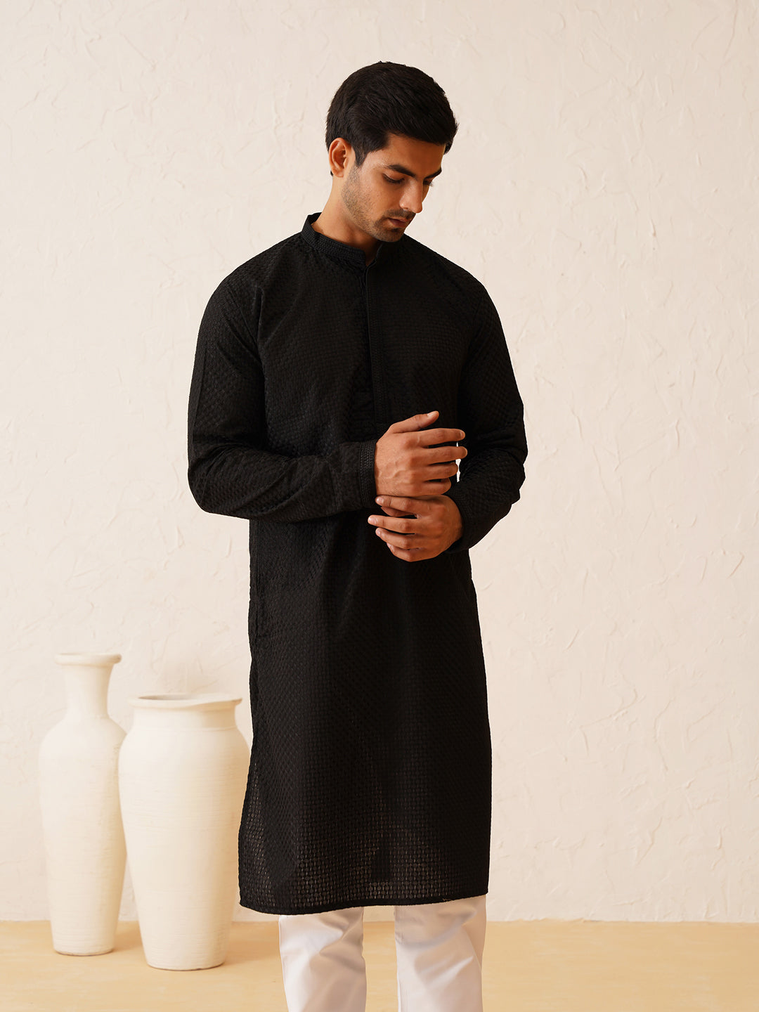 Men's Cotton Embroidered Thread Work Black Kurta