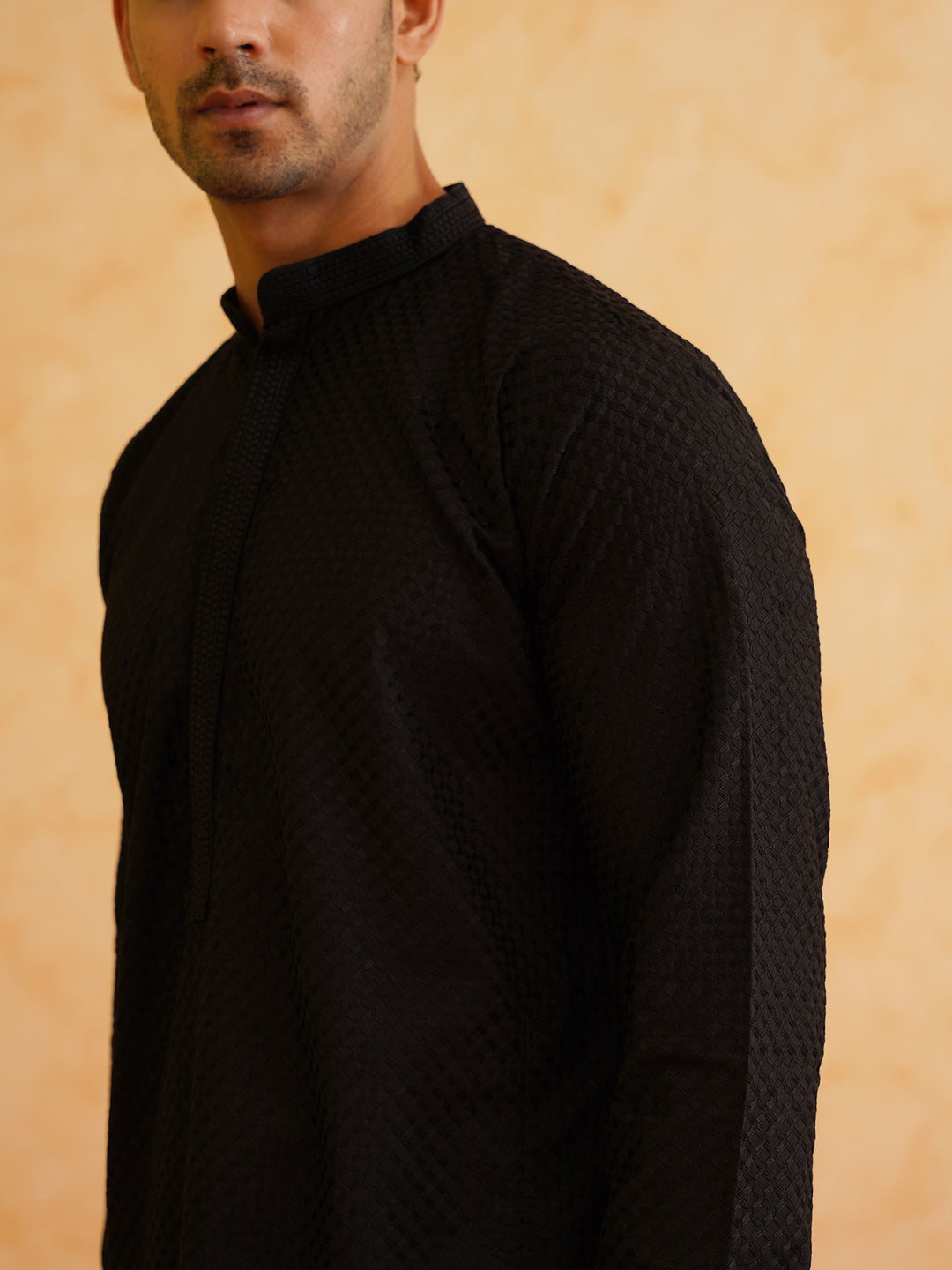 Men's Cotton Embroidered Thread Work Black Kurta