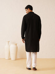 Men's Cotton Embroidered Thread Work Black Kurta