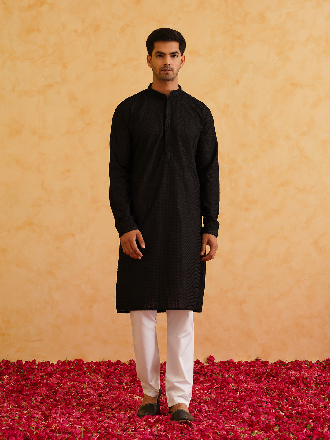 Men's Cotton Embroidered Thread Work Black Kurta