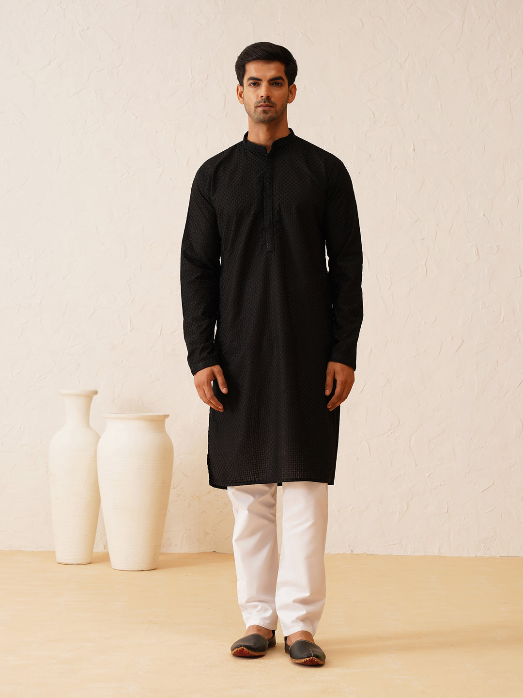 Men's Cotton Embroidered Thread Work Black Kurta