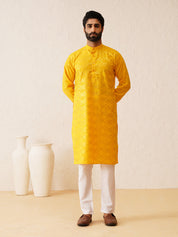 Men's Cotton foil printed Mustard Kurta with Churidaar Pyjama