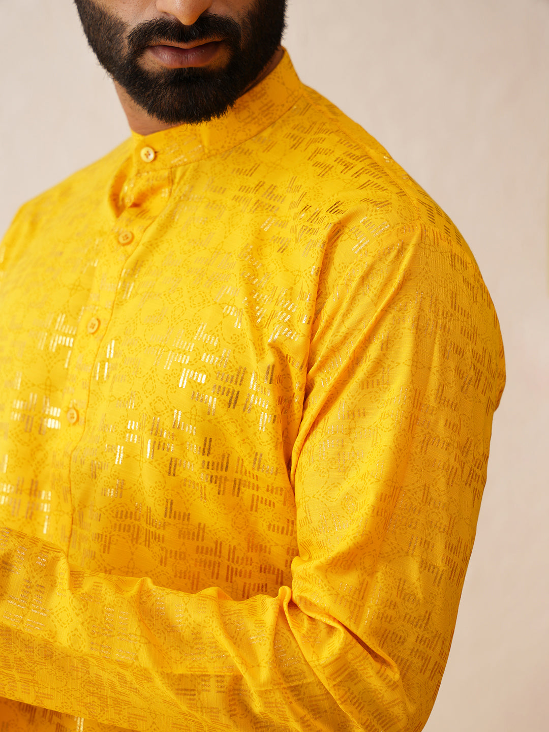 Men's Cotton foil printed Mustard Kurta with Churidaar Pyjama