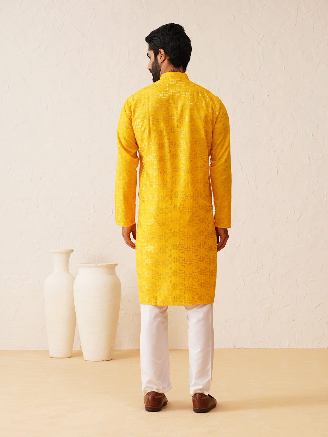 Men's Cotton foil printed Mustard Kurta with Churidaar Pyjama