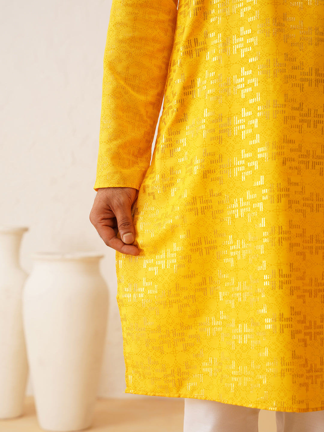 Men's Cotton foil printed Mustard Kurta with Churidaar Pyjama