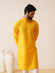 Men's Cotton foil printed Mustard Kurta with Churidaar Pyjama