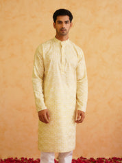 Men's Cotton foil printed Yellow Kurta