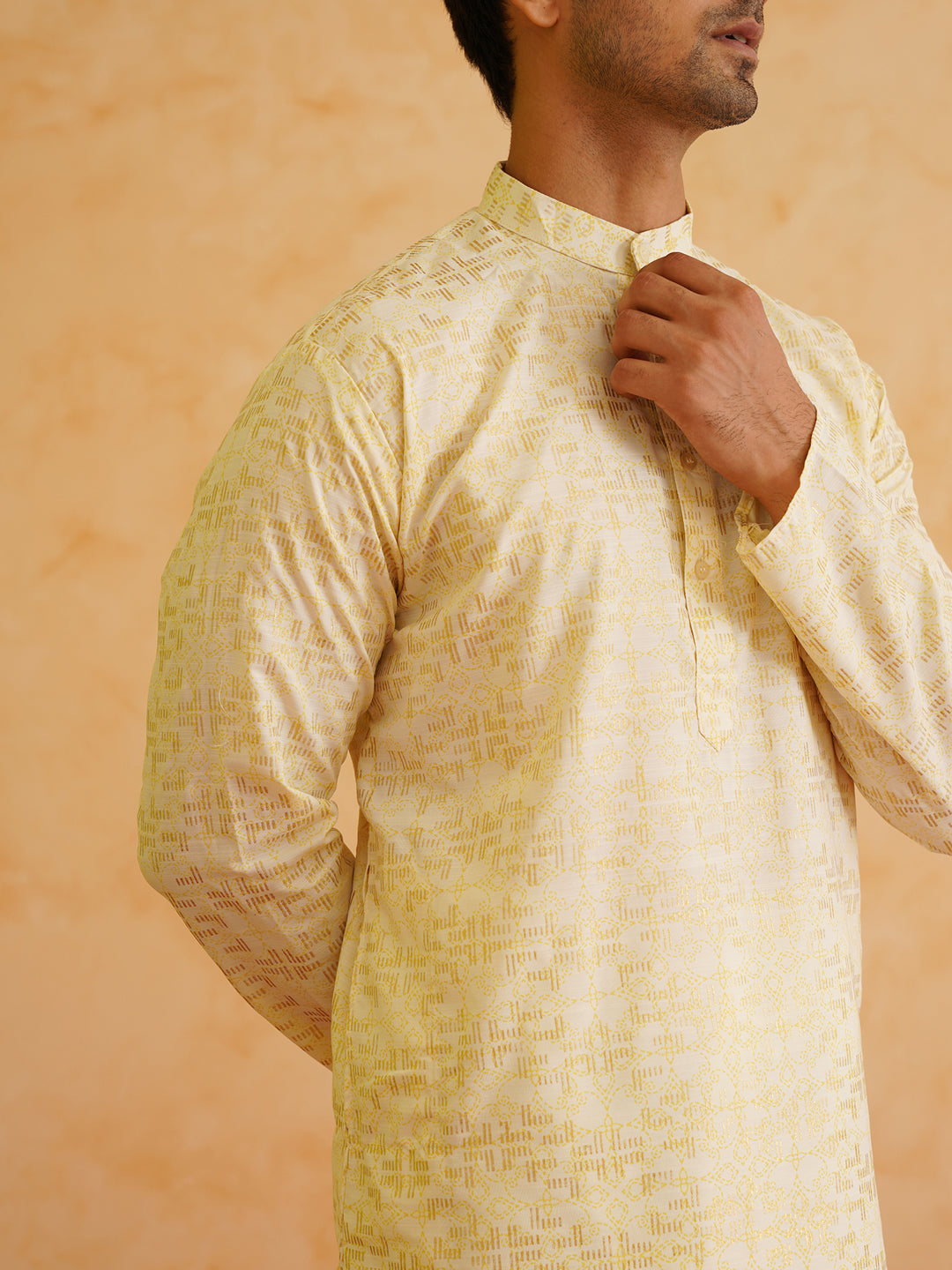 Men's Cotton foil printed Yellow Kurta