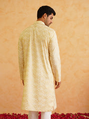 Men's Cotton foil printed Yellow Kurta