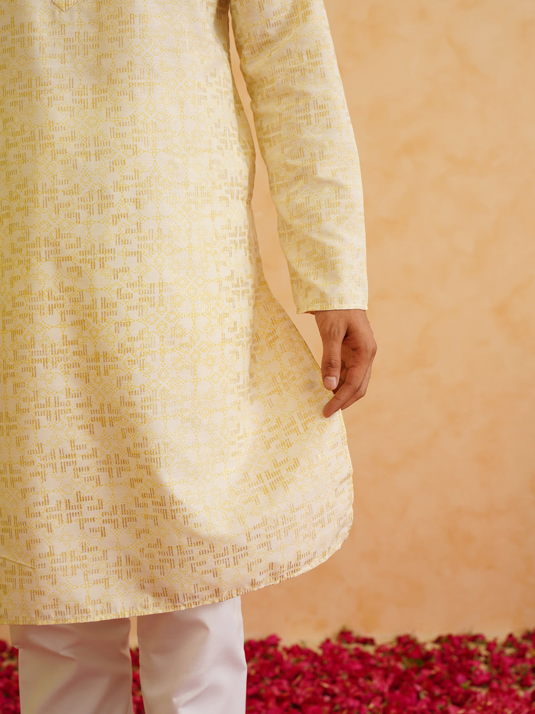 Men's Cotton foil printed Yellow Kurta