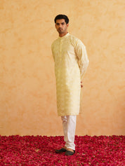 Men's Cotton foil printed Yellow Kurta