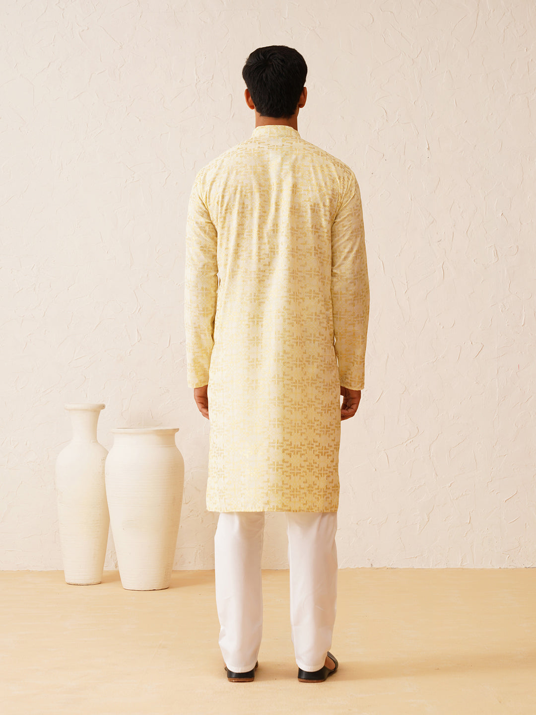 Men's Cotton foil printed Yellow Kurta with Churidaar Pyjama