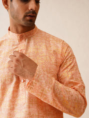 Men's Cotton foil printed Peach Kurta with Churidaar Pyjama