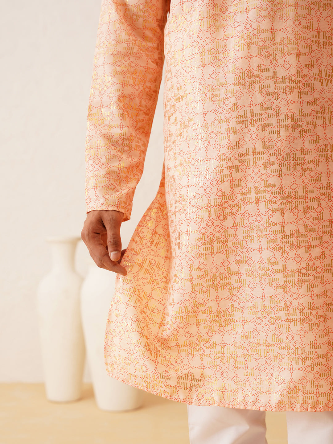 Men's Cotton foil printed Peach Kurta with Churidaar Pyjama