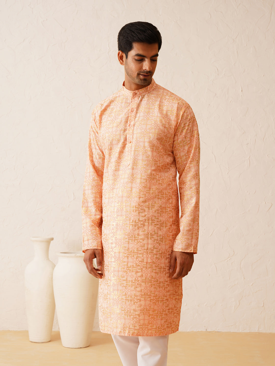 Men's Cotton foil printed Peach Kurta with Churidaar Pyjama