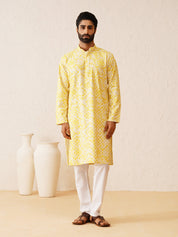 Men's Cotton Gold Sequinned White & Yellow Kurta with White churidaar Pyjama