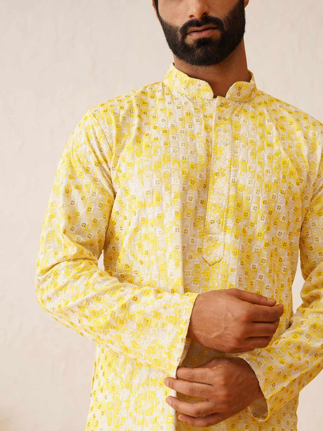 Men's Cotton Gold Sequinned White & Yellow Kurta with White churidaar Pyjama