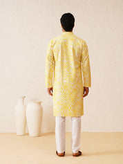 Men's Cotton Gold Sequinned White & Yellow Kurta with White churidaar Pyjama