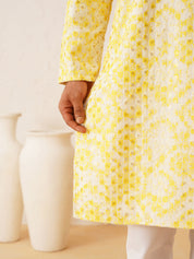 Men's Cotton Gold Sequinned White & Yellow Kurta with White churidaar Pyjama