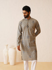 Men's Cotton Gold Thread Embroidered Light Grey Kurta