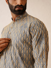 Men's Cotton Gold Thread Embroidered Light Grey Kurta