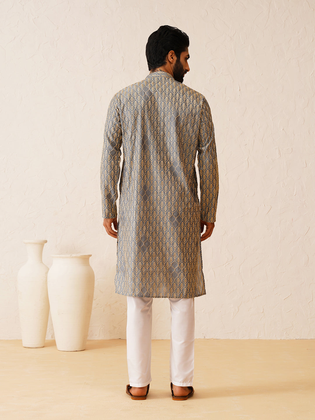 Men's Cotton Gold Thread Embroidered Light Grey Kurta