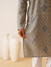 Men's Cotton Gold Thread Embroidered Light Grey Kurta