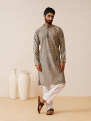 Men's Cotton Gold Thread Embroidered Light Grey Kurta