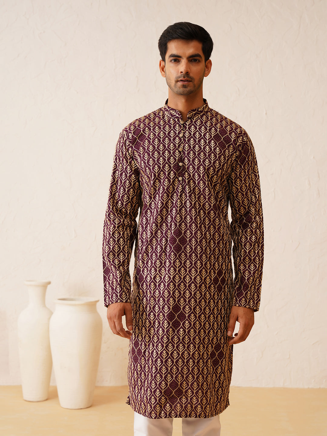 Men's Cotton Gold Thread Embroidered Wine Kurta