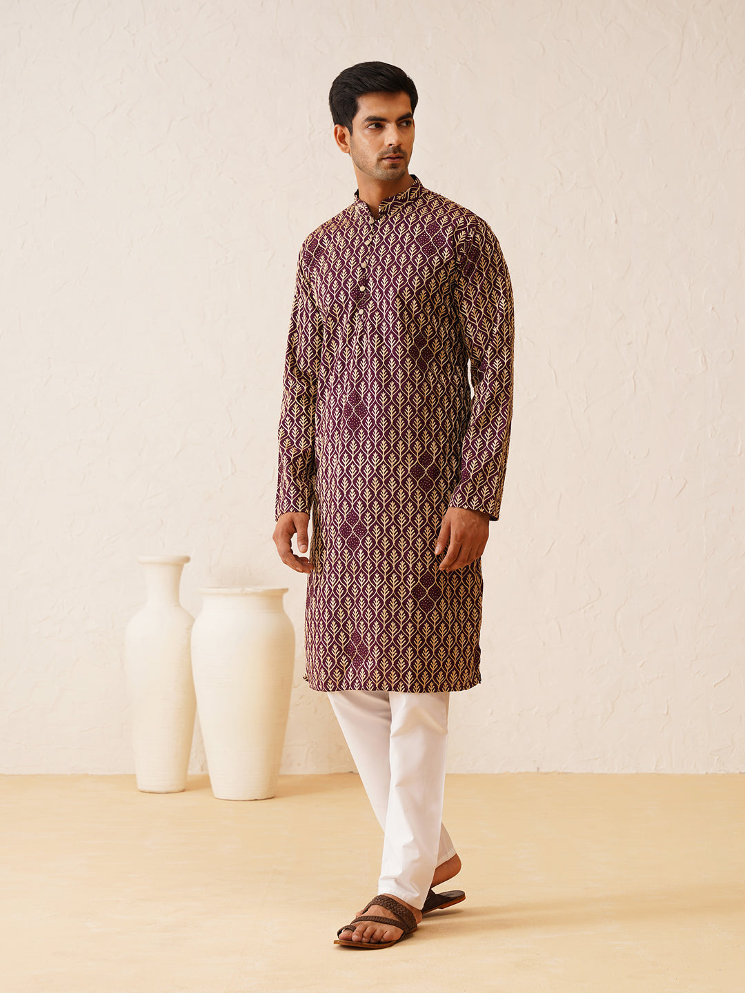 Men's Cotton Gold Thread Embroidered Wine Kurta