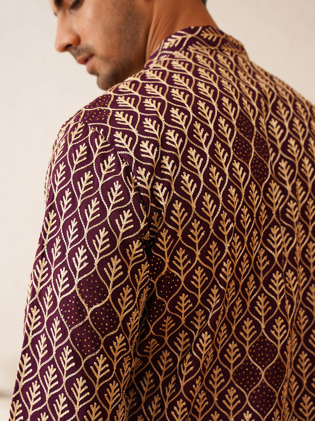 Men's Cotton Gold Thread Embroidered Wine Kurta