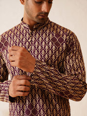 Men's Cotton Gold Thread Embroidered Wine Kurta