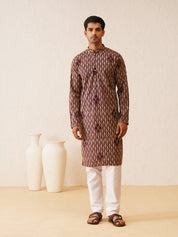 Men's Cotton Gold Thread Embroidered Wine Kurta