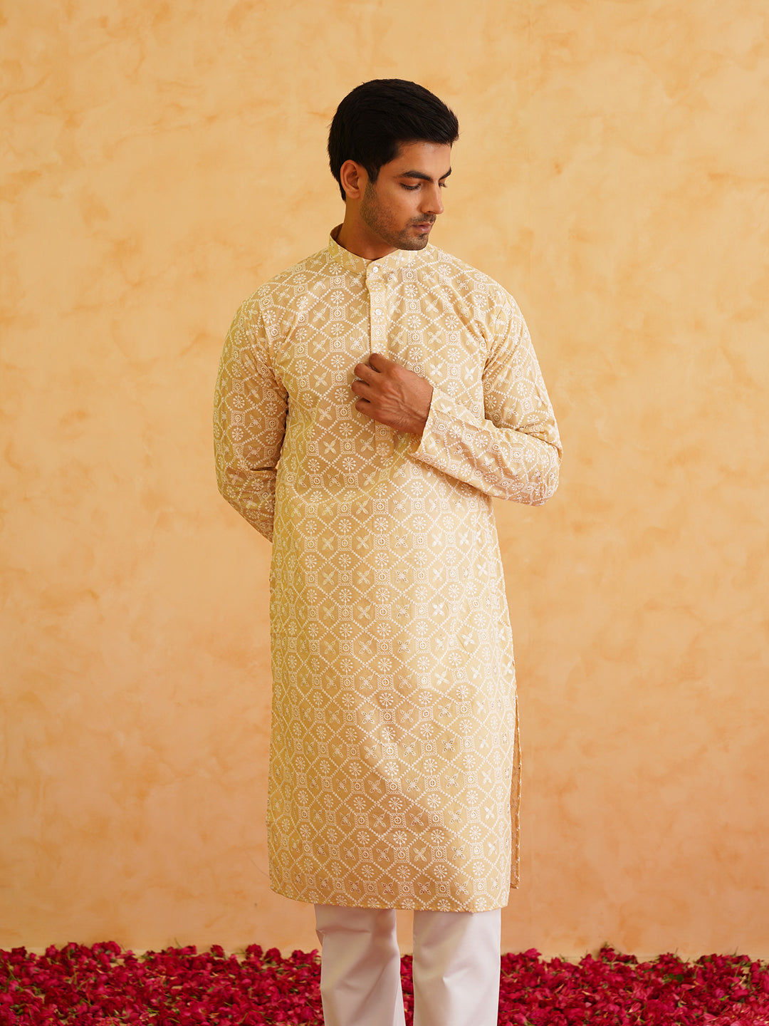 Men's Ethnic Motifs Embroidered Regular Thread Work Cotton Beige Kurta