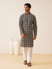 Men's Cotton Gold Sequence Embroidered Black Kurta with white Churidaar Pyjama