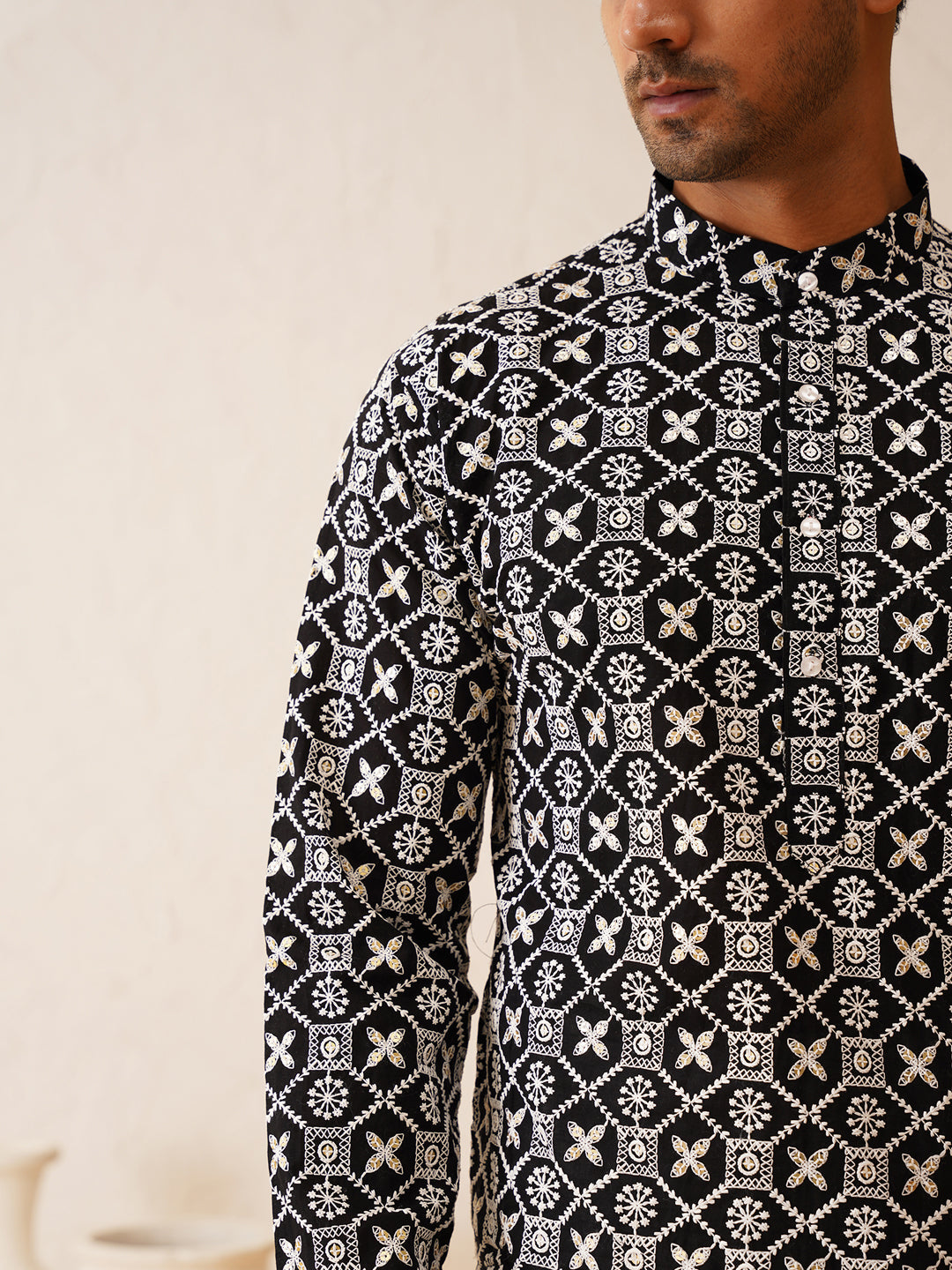 Men's Cotton Gold Sequence Embroidered Black Kurta with white Churidaar Pyjama