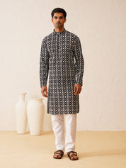 Men's Cotton Gold Sequence Embroidered Black Kurta with white Churidaar Pyjama