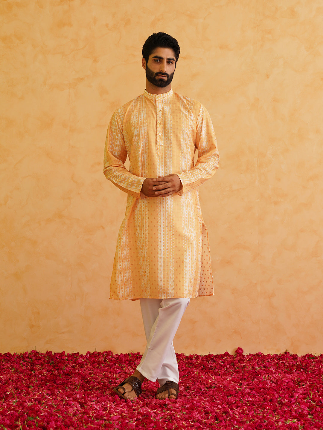 Men's Cotton Silk Printed Mustard Kurta