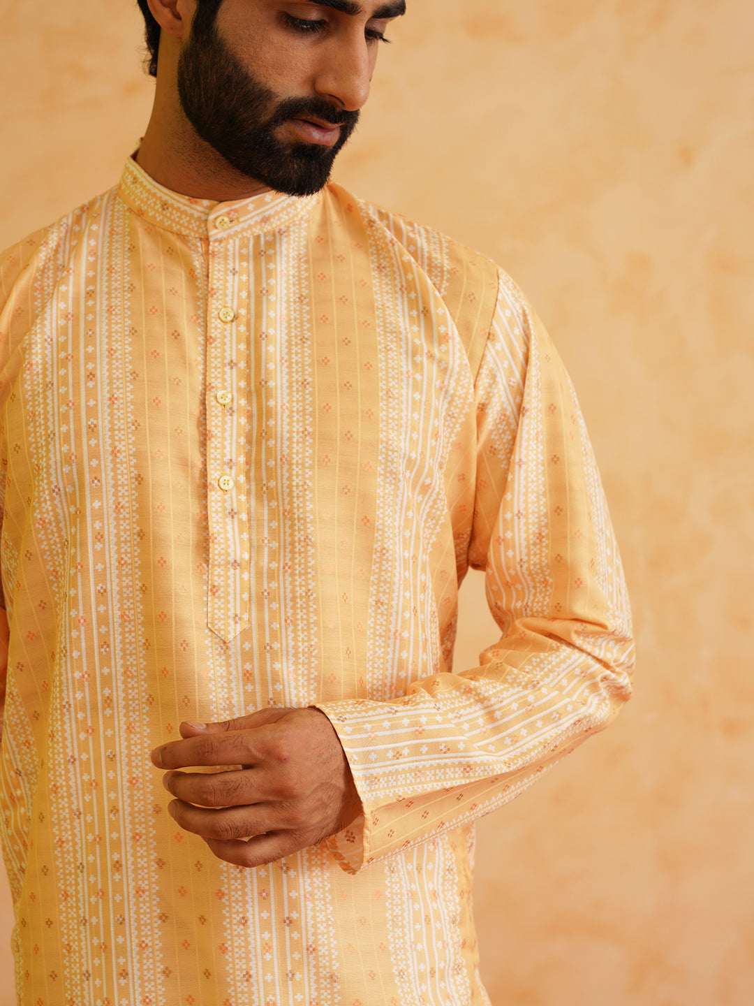 Men's Cotton Silk Printed Mustard Kurta