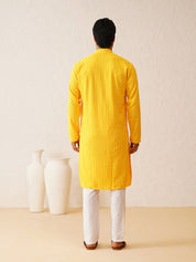 Men's Ethnic Motifs Embroidered Sequinned Mustard Cotton Kurta and White Pyjama