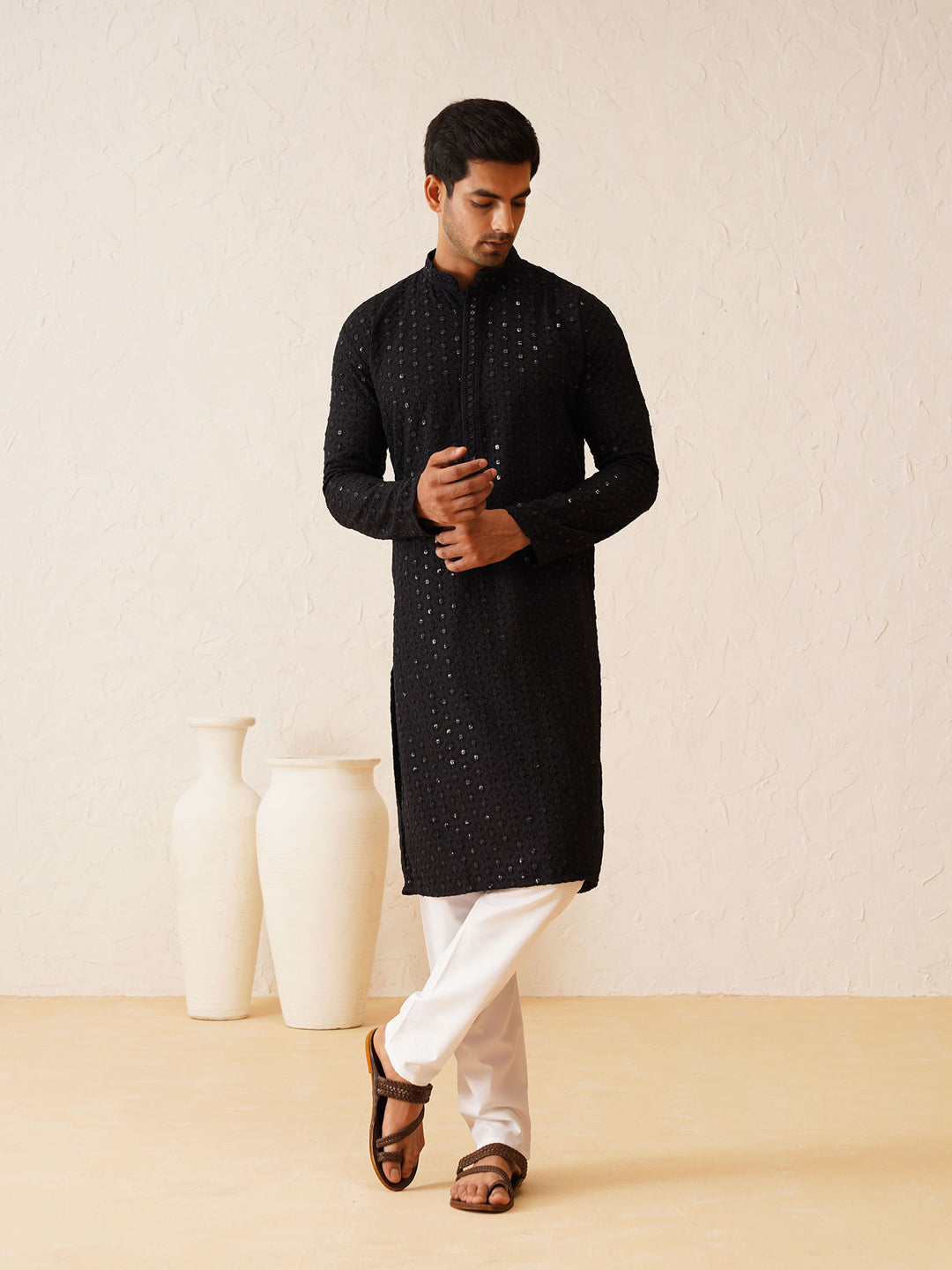 Men's Ethnic Motifs Embroidered Sequinned Black Cotton Kurta and White Pyjama