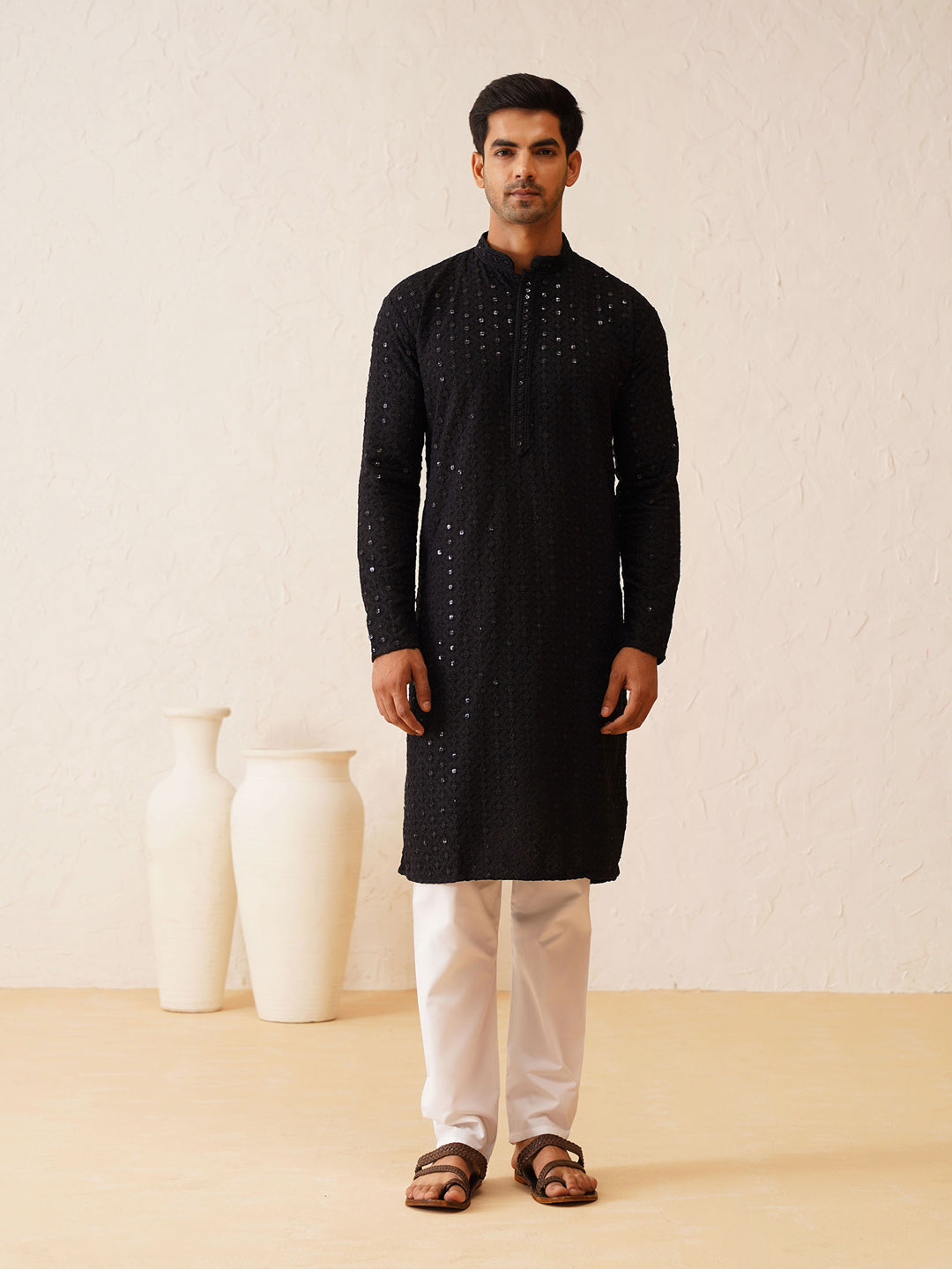 Men's Ethnic Motifs Embroidered Sequinned Black Cotton Kurta and White Pyjama