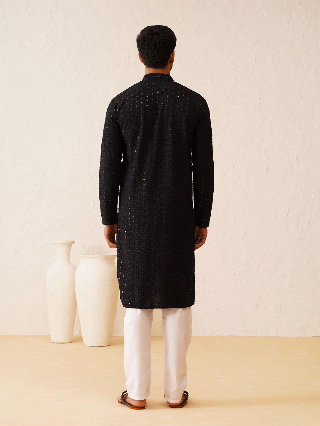 Men's Ethnic Motifs Embroidered Sequinned Black Cotton Kurta and White Pyjama