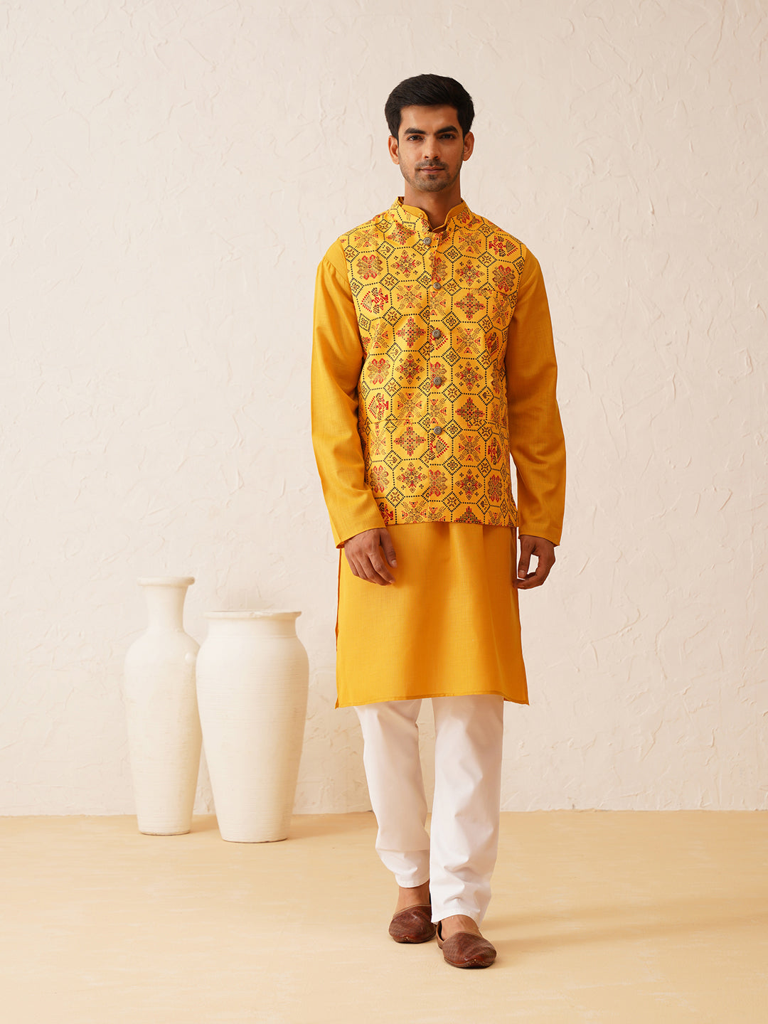 Cotton Mustard Solid Kurta & Printed Nehrujacket With white churidar