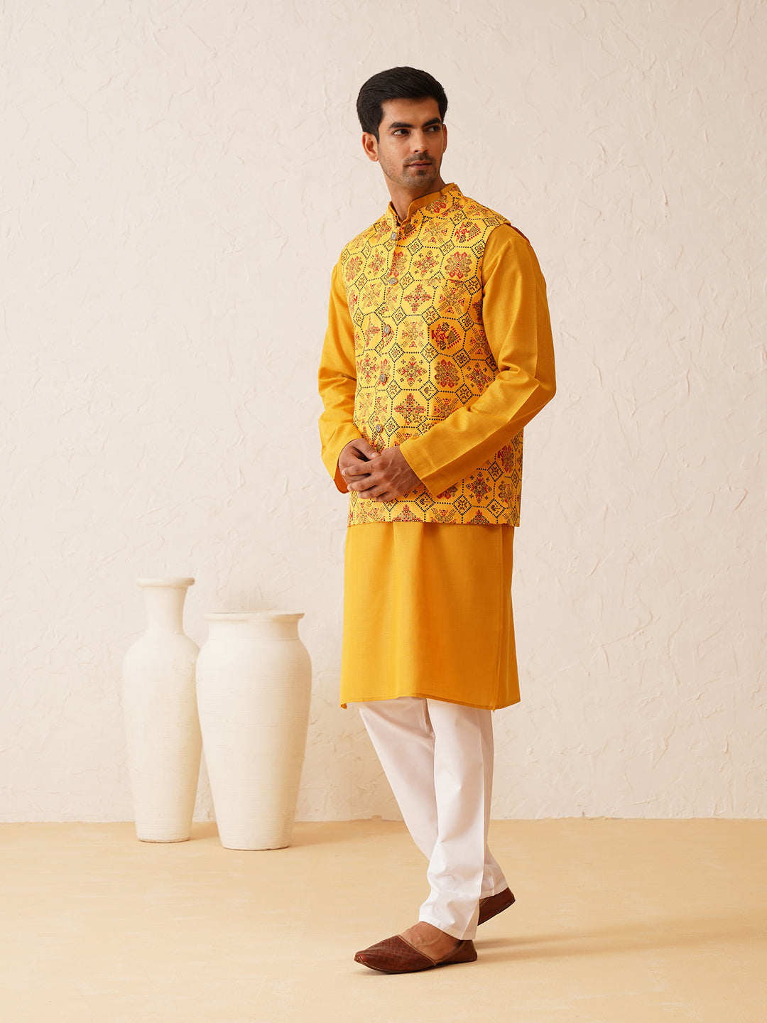 Cotton Mustard Solid Kurta & Printed Nehrujacket With white churidar