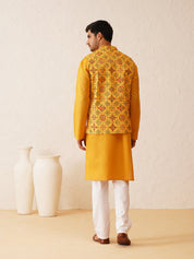 Cotton Mustard Solid Kurta & Printed Nehrujacket With white churidar