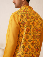 Cotton Mustard Solid Kurta & Printed Nehrujacket With white churidar