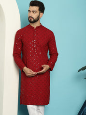 Men's Pure Cotton Maroon Embroidered 4Booti Sequence Kurta