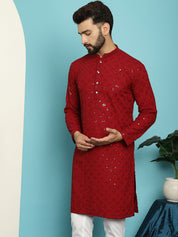 Men's Pure Cotton Maroon Embroidered 4Booti Sequence Kurta