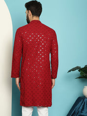 Men's Pure Cotton Maroon Embroidered 4Booti Sequence Kurta